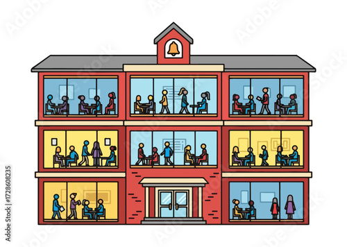 Illustration of multistory building with people inside