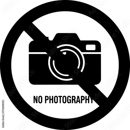 No photography allowed symbol in a bold black and white design, restrict cameras, vector origin