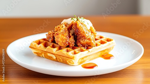 Crispy fried chicken served on a golden waffle with a drizzle of sauce