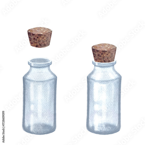 Glass bottles set with corks isolated on white. Hand painted in watercolor. Rustic high quality textured illustration in simple stile for vintage design, herbalism, home medicine, oil infusions