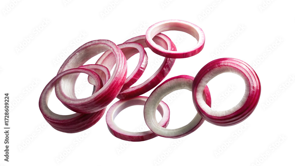 Fototapeta premium Several sliced red onion rings isolated on transparent background