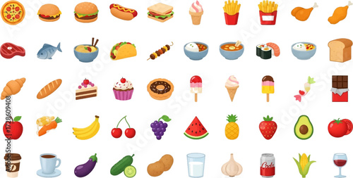 Delicious assortment of colorful food icons perfect for menus, design projects, and culinary themes