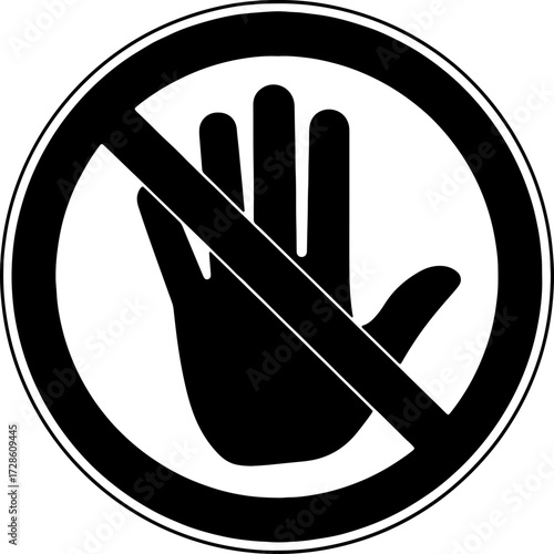 No entry sign with a hand symbol indicates restricted access, stop, and safety alert