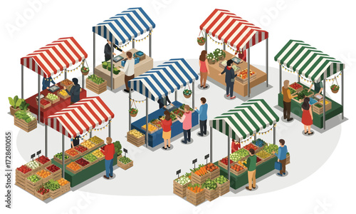 Vibrant Market Stalls: An isometric illustration presents an lively market with various stalls and people interacting. The scene depicts community engagement and shopping experience. 