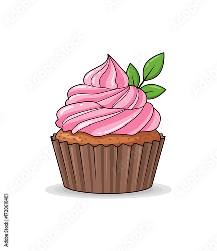 Pink cupcake on white plate illustration
