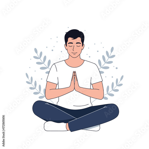 Young Man Practicing Mindful Meditation in Serene Lotus Pose with Gentle Nature Elements for Inner Peace and Wellness