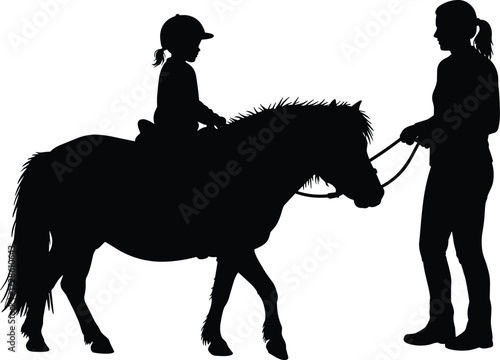 Silhouette of child riding pony horse with adult trainer, equestrian lesson, horseback riding, outdoor activity, pony ride, horse care guidance