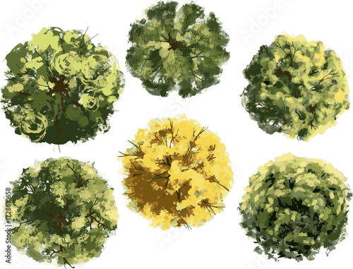 displays six stylized, top-down digital paintings of various tree canopies. They are rendered in different shades of green and yellow, suggesting different tree species, seasons, or health. The rough,