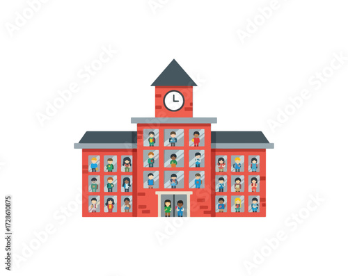 Red brick school building with students