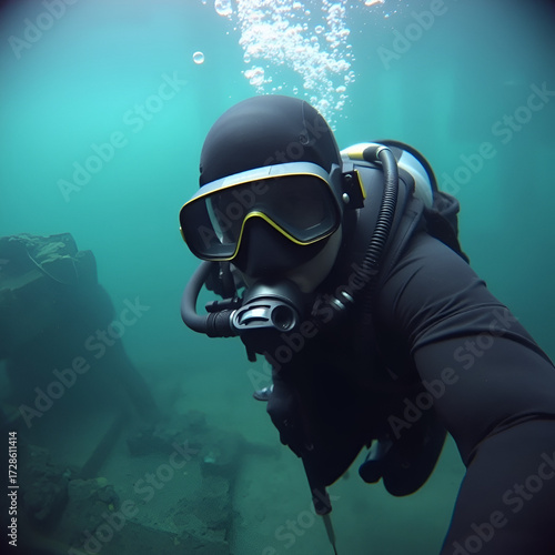 Secret agent infiltrating an underwater base with cutting-edge scuba gear and rebreather systems