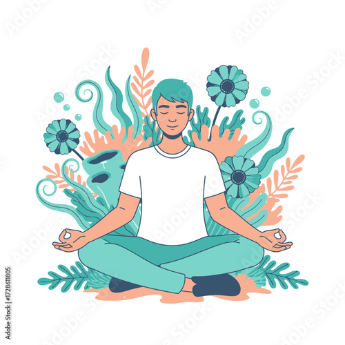 Young man meditating in lotus pose surrounded by peaceful nature elements, promoting mindfulness and wellness
