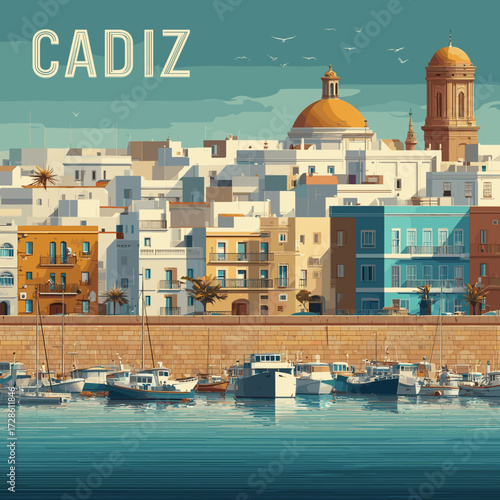 Cityscape of Cadiz in Spain, touristic advertisement poster, beautiful touristic must-see destination. Beautiful tourist destination, in southern europe. Historical place, touristic landmarks.