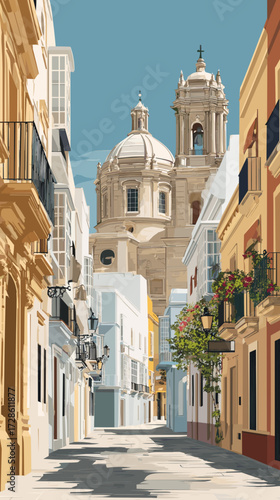 Cityscape of Cadiz in Spain, touristic advertisement poster, beautiful touristic must-see destination. Beautiful tourist destination, in southern europe. Historical place, touristic landmarks.