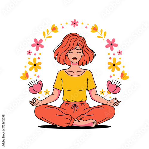 Peaceful woman in lotus pose, framed by delicate floral elements, promoting serenity, relaxation, and wellness