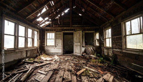 Derelict interior of a weathered wooden cabin