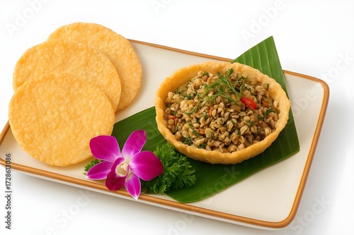Hến xúc bánh tráng- a rice cracker shaped like a bowl, filled with stir-fried baby clams mixed with herbs, chili slices, and spices, garnished with fresh dill-Vietnamese traditional food