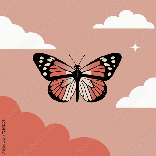 Butterfly illustration with clouds in pastel color background  