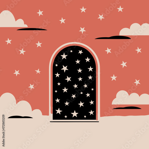 Abstract door with stars against coral and beige background  