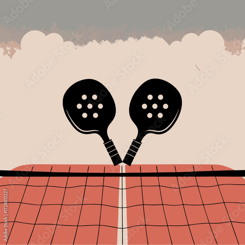 Padel rackets positioned over a net with a minimal background  