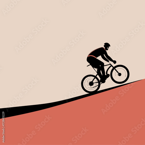 Cyclist climbing hill in abstract minimalist style with warm tones  