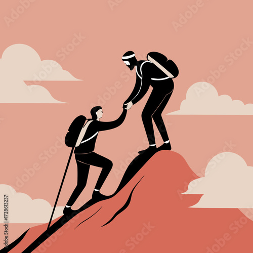 Two male hikers helping each other to climb a mountain peak  
