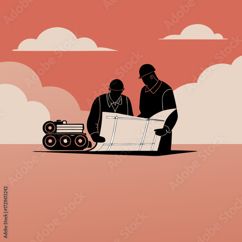 Two construction workers examining blueprints with equipment outdoors  
