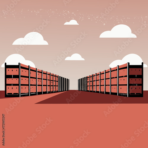 Illustrative view of container storage area with cloudy sky background  