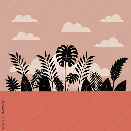 Black silhouette of tropical plants against pink and red background  