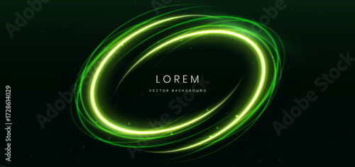 Green rings beam with lighting effect sparkle on dark green background.