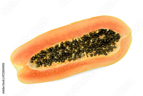 papaya isolated on white background, Cut lengthwise  fresh ripe papaya, orange flesh and numerous black seeds, isolated on white background top view flat lay stack clipping path