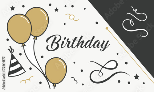 Elegant Birthday Greeting Card with Golden Balloons, Confetti, and Luxury Minimal Typography on Black and White Background