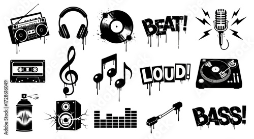 Music elements Graffiti art with headphones, vinyl, and speakers