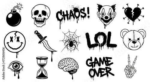Cyberpunk graffiti sticker set featuring computer, gaming, and system error icons in a dripping monochrome style