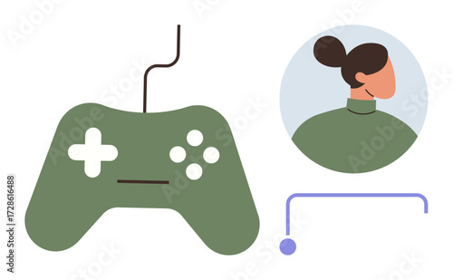 Green handheld gaming controller next to a circular user avatar, representing online gaming, user interaction, profiles, entertainment, community connection, technology, and leisure. A simple flat