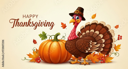 Happy Thanksgiving image featuring a cartoon turkey wearing a pilgrim hat, beside a pumpkin, surrounded by autumn leaves and berries Free space for text