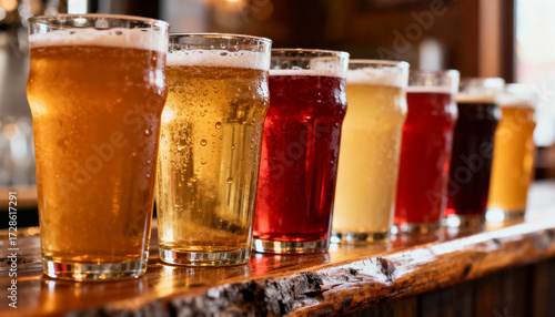 Variety of hard ciders served in pint glasses on wooden table with different flavors, refreshing alcoholic beverages, craft cider selection, pub drinks concept