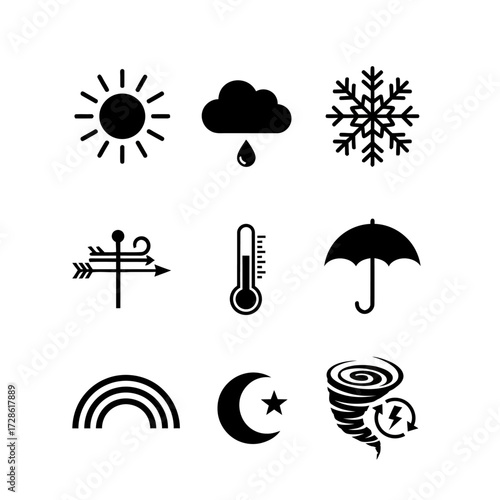 Modern collection of weather icons including sun, rain cloud, snowflake, tornado, wind vane, thermometer, umbrella, rainbow, and crescent moon with star for forecasting and climate apps