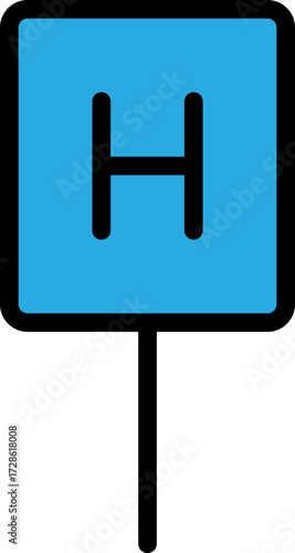 Vector illustration of a blue square traffic sign with a black letter h for hospital scalable eps icon