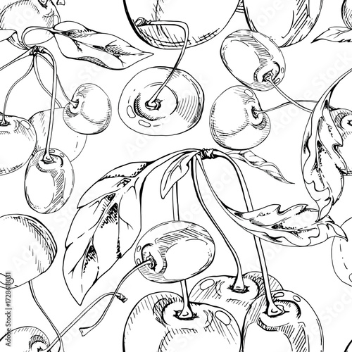 Sweet sour line cerise cherry with plant leaves, hand drawn vector ink, garden berry in clusters on branches. Seamless pattern wallpaper illustration. Restaurant, cafe menu, wedding, farmers market.