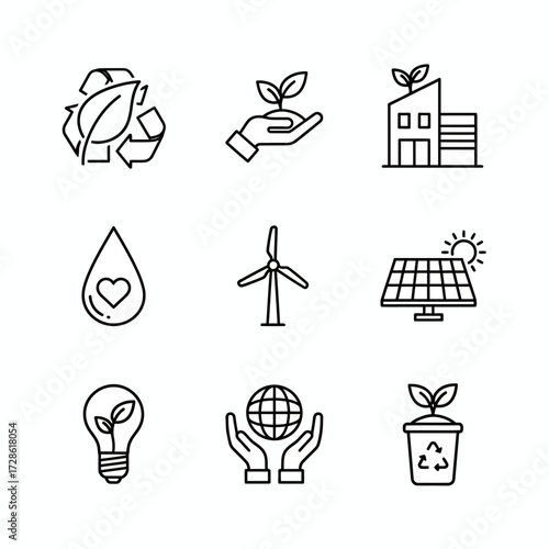 Stunning collection of eco friendly icons representing sustainability, renewable energy, and environmental protection for modern design needs