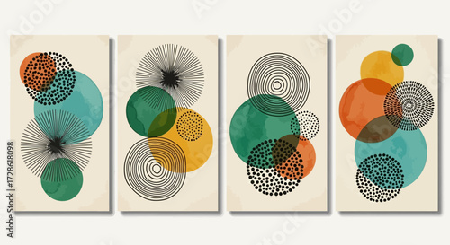 Set of abstract posters with geometric circles and hand-drawn textures in a mid-century modern style