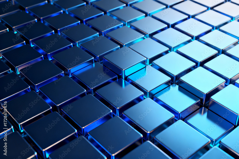 Naklejka premium A grid of reflective blue cubes arranged in a pattern with varying heights, creating a futuristic and geometric surface.