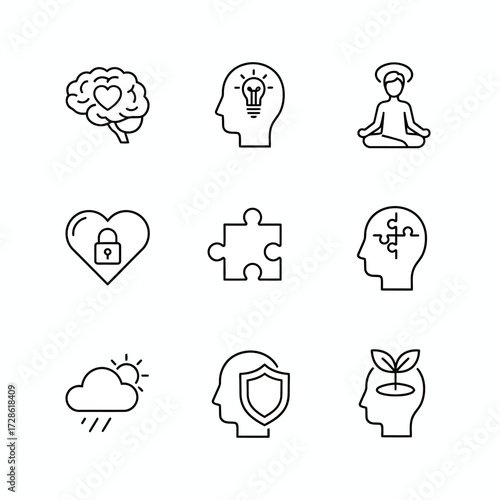 Unlock brilliant ideas, protect your mind, and cultivate personal growth with these essential conceptual icons for mental wellness and innovation projects