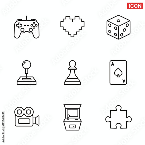 Unlock endless entertainment possibilities with this dynamic collection of gaming and leisure icons featuring controllers, dice, arcade machines, and puzzle pieces.