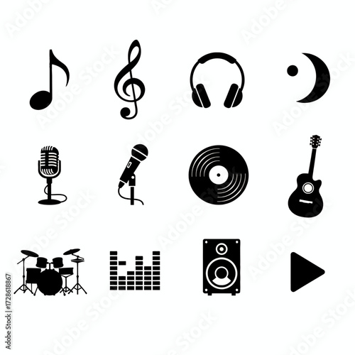 Essential music icons set capturing the essence of sound creation and performance, perfect for creative projects and auditory content design, vibrant and dynamic elements