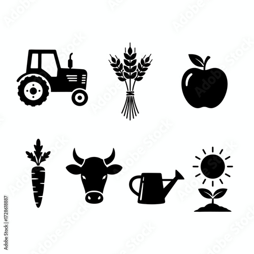 Vibrant icons showcase agriculture, farming, and healthy living with tractor, wheat, apple, carrot, cow, watering can, and sun sprout