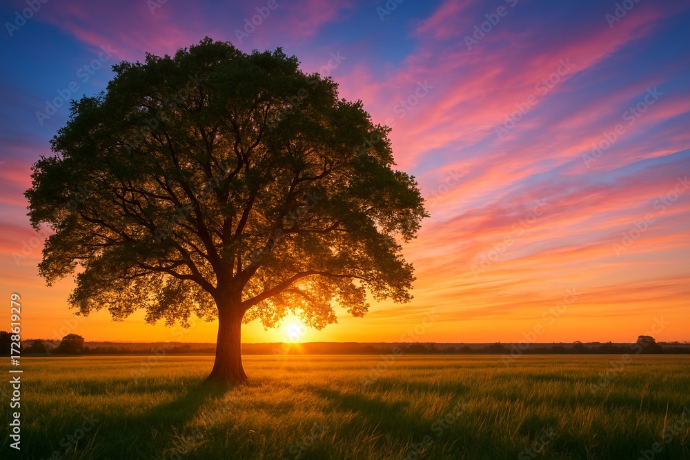 Fototapeta premium Solitary tree silhouetted against vibrant sunset sky with colorful clouds and long shadows across grassy field