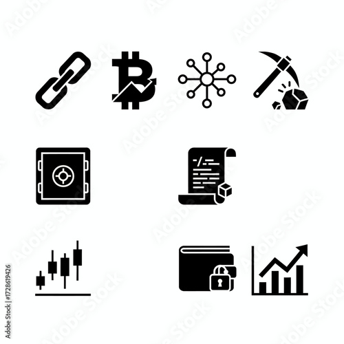 Dynamic cryptocurrency icons showcase blockchain, Bitcoin growth, mining, secure storage, smart contracts, trading charts, and digital wallets for innovative financial concepts.