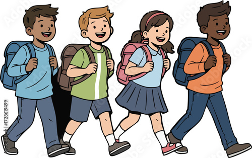Children walking to school together with backpacks on a sunny morning, excited and ready for learning, creating a cheerful and energetic atmosphere.