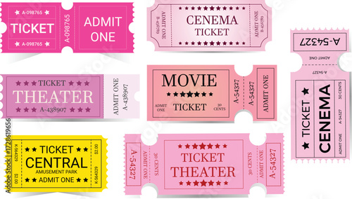 Vintage old colorful ticket icon set. Retro style ticket design template. Ticket design idea for cinema, movie, circus, carnival, film, festival, etc. Vector illustration isolated on white background.
